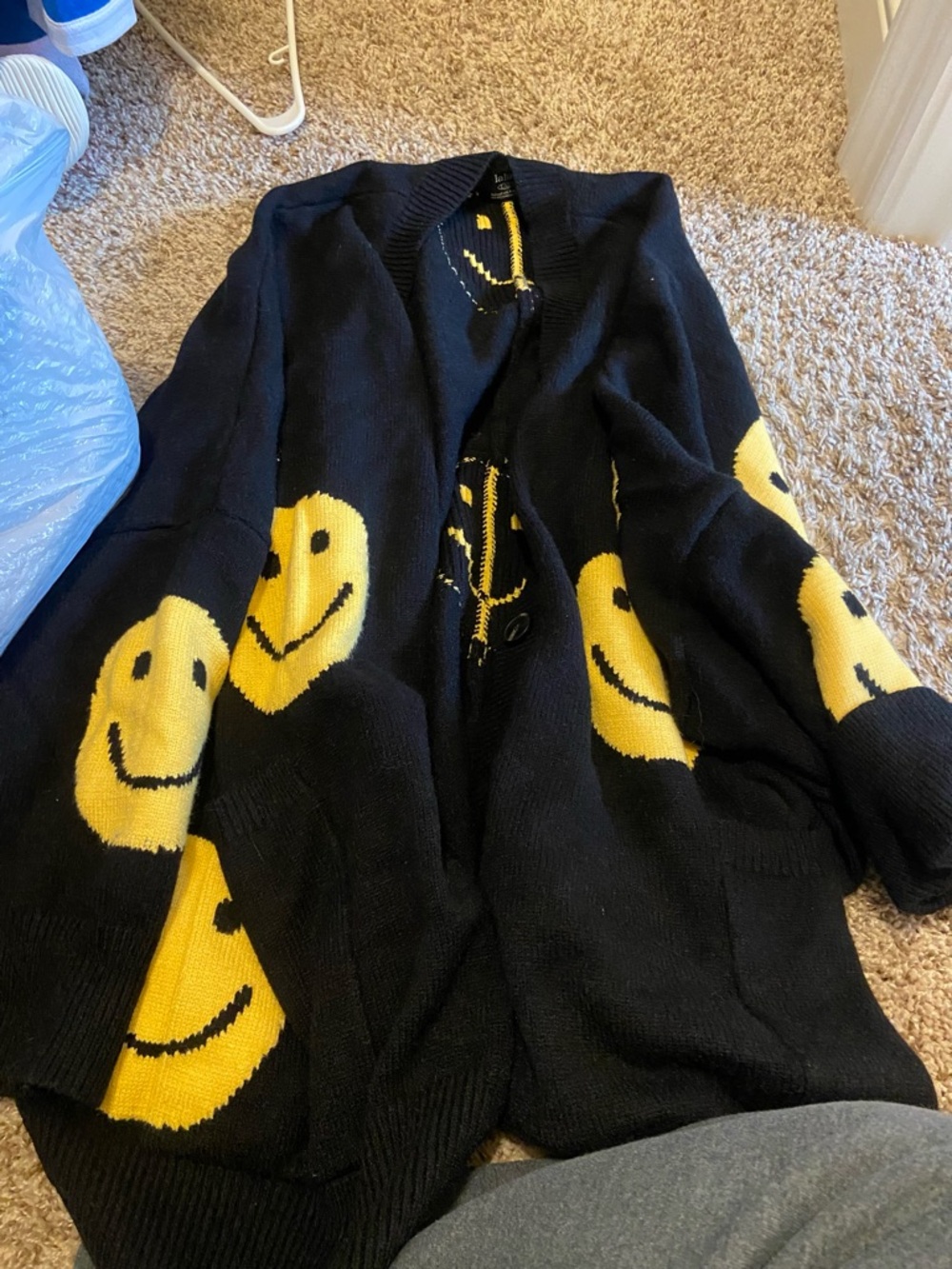 Dressed in LALA Black Cardigan with Yellow Smiley Faces